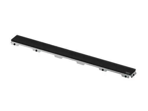 Schwarze, matte Glasabdeckung von TECE, längliche Form mit seitlichen Aussparungen und Befestigungslöchern.